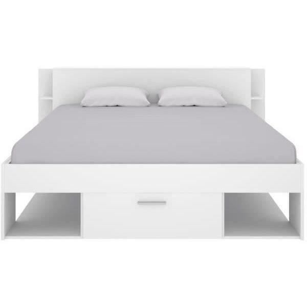 SAX Lit adulte - 3 tiroirs + Tete de lit avec rangement - Blanc - 140x190 cm