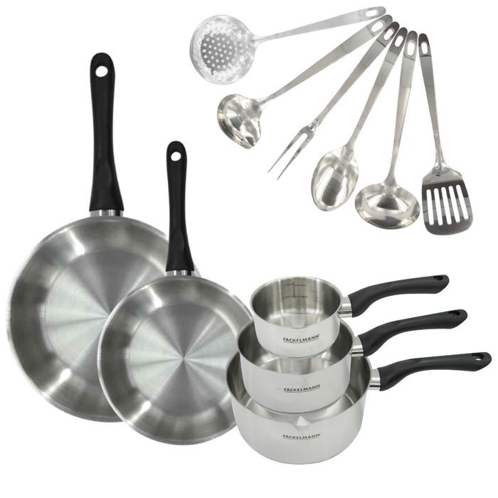 Batterie de cuisine - Tous feux dont induction - FACKELMANN - Geneva - Inox - 2 poeles 24 et 28, 3 casseroles et 6 ustensiles