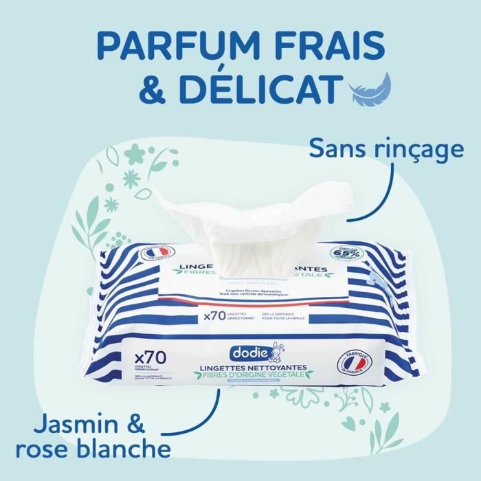 DODIE Lot de 6 Paquets de Lingettes Nettoyantes 3 en 1 (6x70) – Visage, Corps et Siege – Dermo apaisantes, douces et résistantes - F