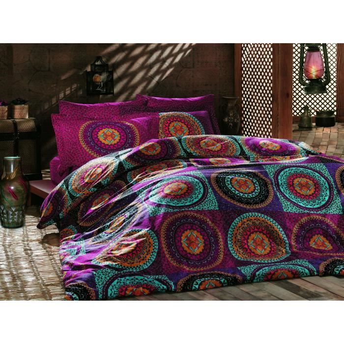 Parure de lit - 1 housse de couette 220 x 240 cm + 2 taies d'oreiller 60 x 60 cm - 100% coton renforcé - Fuchsia