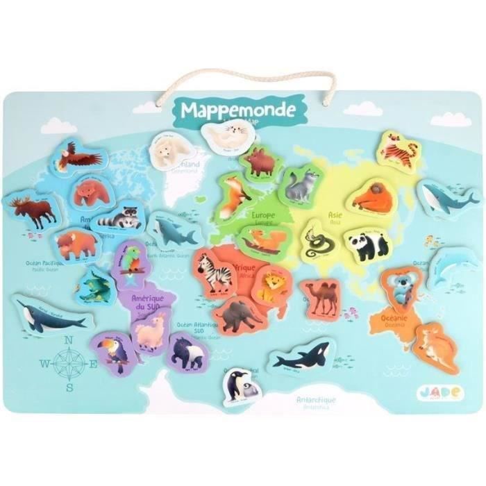 Tabellone magnetico dei continenti - Gioco educativo - JADE - 30 pezzi animali - Legno FSC - 40x30 cm - Dai 3 anni