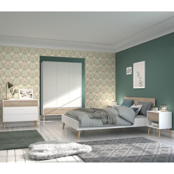 Image secondaire de Lit adulte AALBORG 160x200 cm en Blanc et Chêne - Design Scandinave