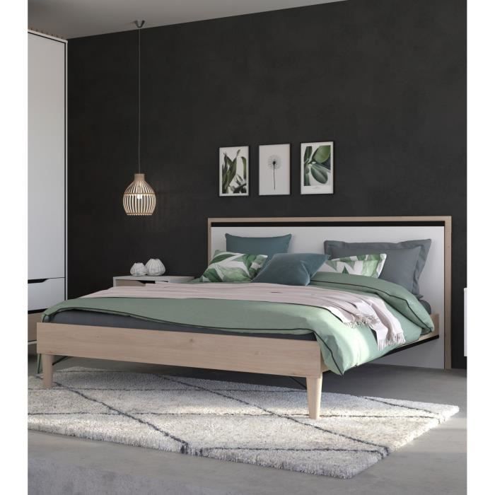 PARISOT DOMO Lit 160x200 cm - Décor chene jackson et moulures noires - L 176,2 x P 205,9 x H 88,9 cm