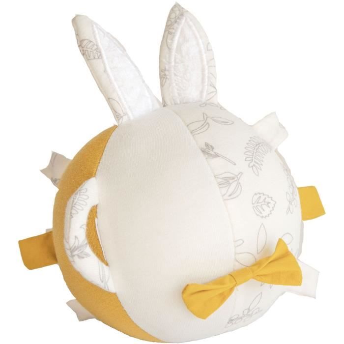 DOMIVA Balle d'activités Leafy Bunny - Coton bio - Sensorielle - Blanc/Jaune - 12 cm