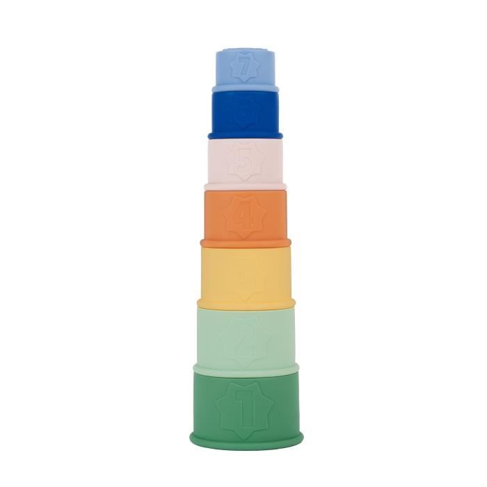 Badabulle Set di 7 tazze impilabili numerate - Giocattoli da bagno in morbido silicone