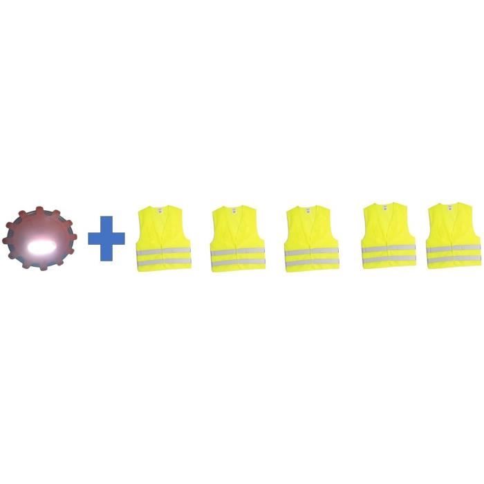 Pack sécurité - HTC EQUIPEMENT - 1 disque d'avertissement lumineux 15 LED + 5 gilets de sécurité adulte XL