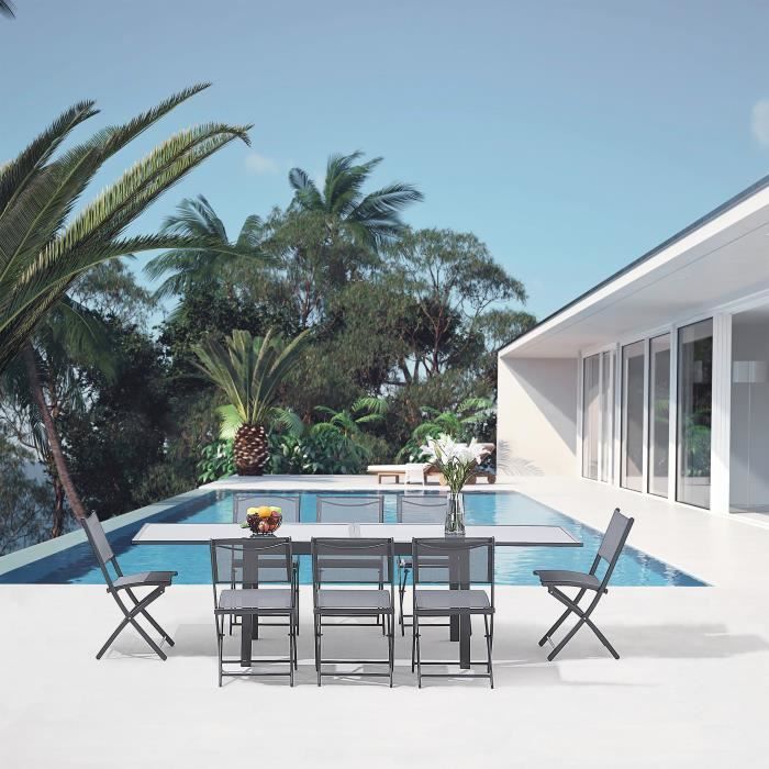 Table de jardin extensible 4 a 10 personnes - 135-270 x 90 x H.75 cm - Aluminium et Plateau en verre - Extension latérale manuelle