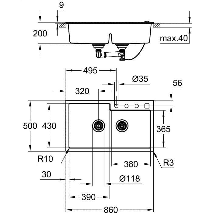 GROHE Evier de cuisine composite avec égouttoir K500, 860 x 500 mm, 2 bacs, siphon et bonde inclus, installation rapide, 31649AT0