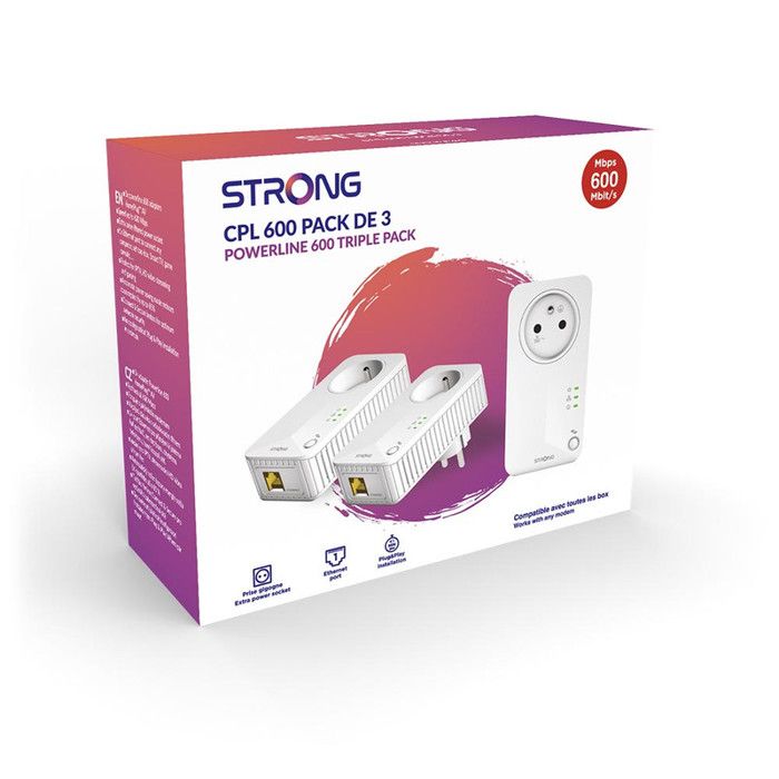 Kit CPL - STRONG - CPL 600 Confezione da 3 - 600 MB - Presa Filtrata, 3 Adattatori, Confezione Tripla