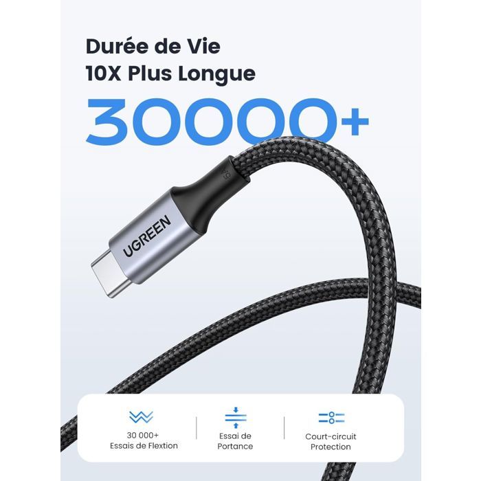 Image secondaire de Câble USB-C UGREEN 100W Renforcé 1m - Recharge Ultra-Rapide Noir