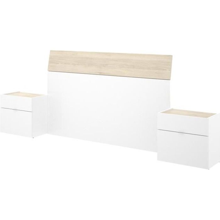 Tete de lit avec 2 tables de chevet L 158 cm - Blanc brillant et chene naturel