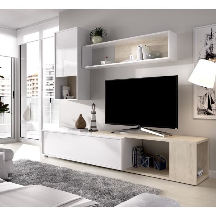 Meuble TV extensible - Classique - Panneau de particules revetement mélaminé - Chene naturel et blanc - L 230 x P 41 x H 180 cm -OBI