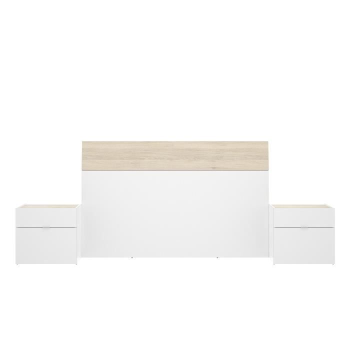 Tete de lit avec 2 tables de chevet L 158 cm - Blanc brillant et chene naturel