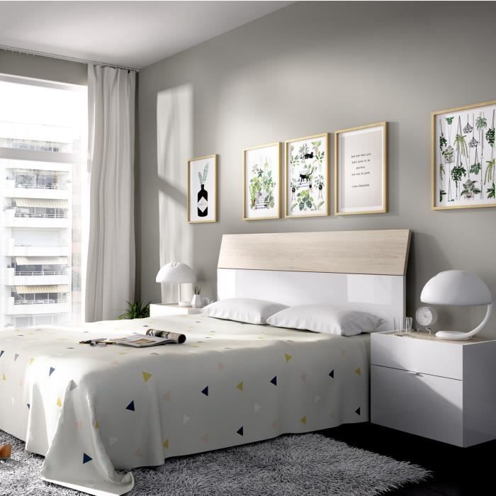 Tete de lit avec 2 tables de chevet L 158 cm - Blanc brillant et chene naturel