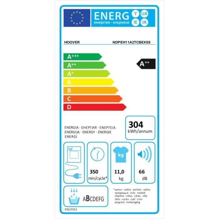 Seche-linge pompe a chaleur HOOVER NDPEH11A2TCBEXSS H-DRY 500 - 11 kg - Classe A++ - Connecté - Blanc