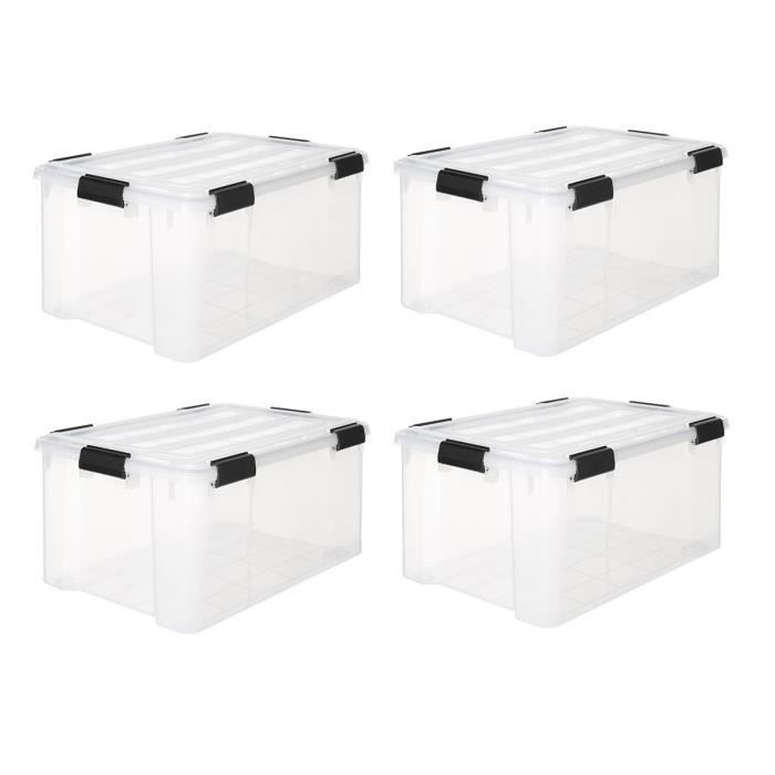 IRIS OHYAMA Lot de 4 boîtes de rangement - Hermétiques - 50 L - avec clips - empilable - L59 x P39 x H29 cm - Transparent