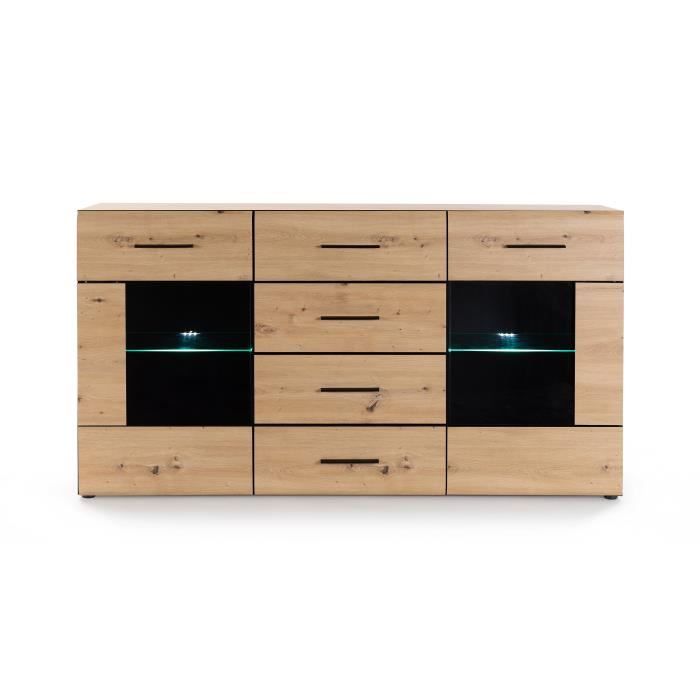 Buffet SEIKOLA 2 portes - 1 tablettes en verre, 4 tiroirs, éclairage inclus