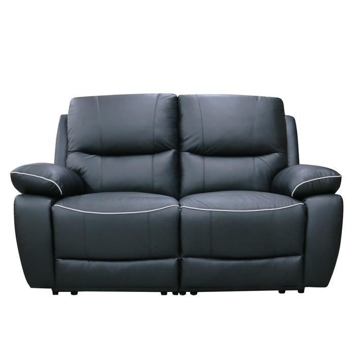 Canapé relax manuel 2 places - CASINO - Cuir noir avec passepoil blanc - L 160 x P 98 x H 103 cm