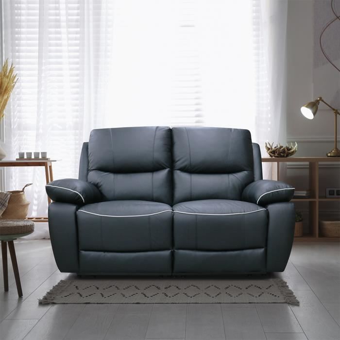 Canapé relax manuel 2 places - CASINO - Cuir noir avec passepoil blanc - L 160 x P 98 x H 103 cm