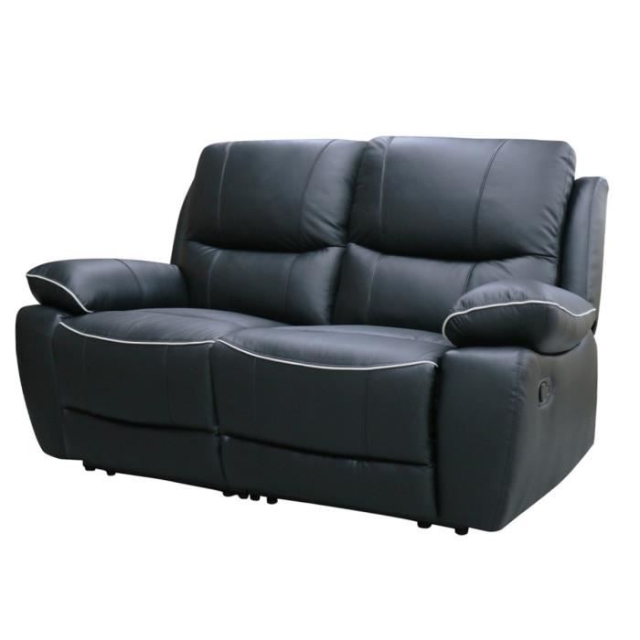 Canapé relax manuel 2 places - CASINO - Cuir noir avec passepoil blanc - L 160 x P 98 x H 103 cm