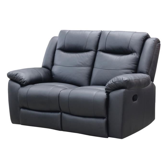 Canapé relax manuel - 2 places - COWAN - Cuir noir - L 150 x P 98 x H 104 cm