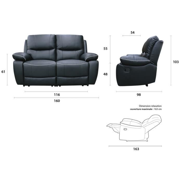 Canapé relax manuel 2 places - CASINO - Cuir noir avec passepoil blanc - L 160 x P 98 x H 103 cm