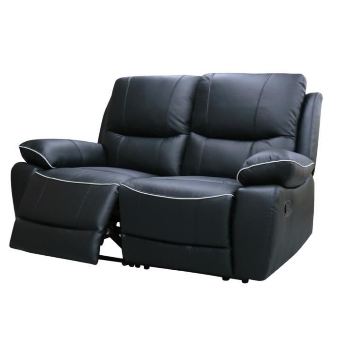 Canapé relax manuel 2 places - CASINO - Cuir noir avec passepoil blanc - L 160 x P 98 x H 103 cm