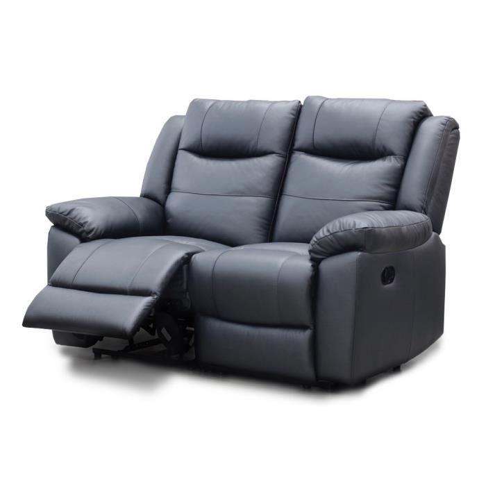 Canapé relax manuel - 2 places - COWAN - Cuir noir - L 150 x P 98 x H 104 cm