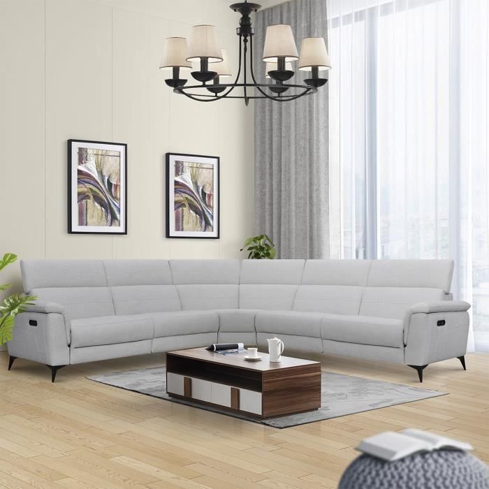 Canapé d'angle Panoramique avec 2 places relax électriques - Tissu gris - L 293 x P 299 x H 99 cm - MELBOURNE
