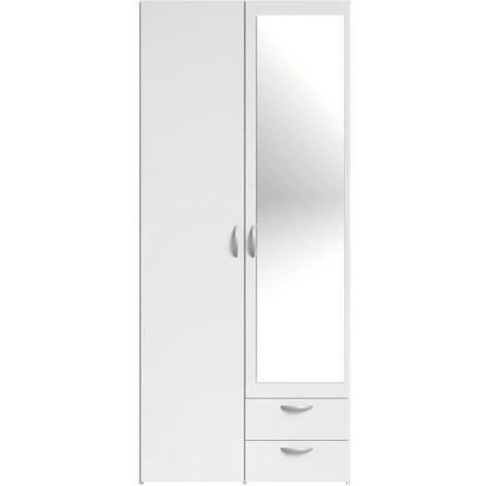 PARISOT Armoire 2 portes battantes avec 1 miroir + 2 tiroirs - Panneaux de particules - Blanc - L 81 x P 51 x H 185 cm - VARIA