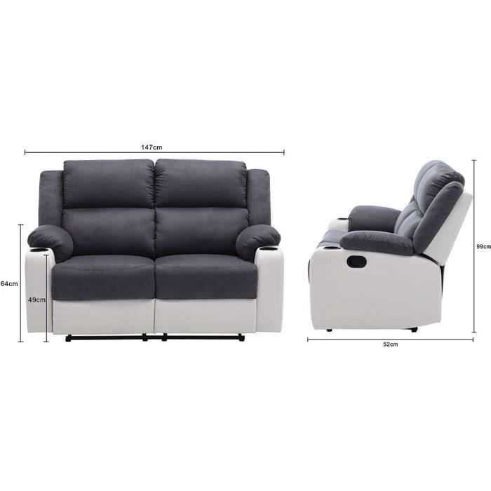 Canapé 2 places relax manuel - Microfibre - gris- L 195 x P 95 x H 101 cm - GENIUS
