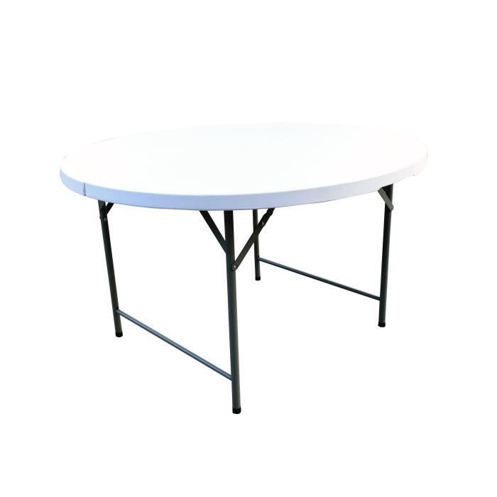 Table ronde de jardin pliable pour réception - Structure acier et plateau en Polyéthylene PEHD - Ø122 x H.74 cm - Blanc