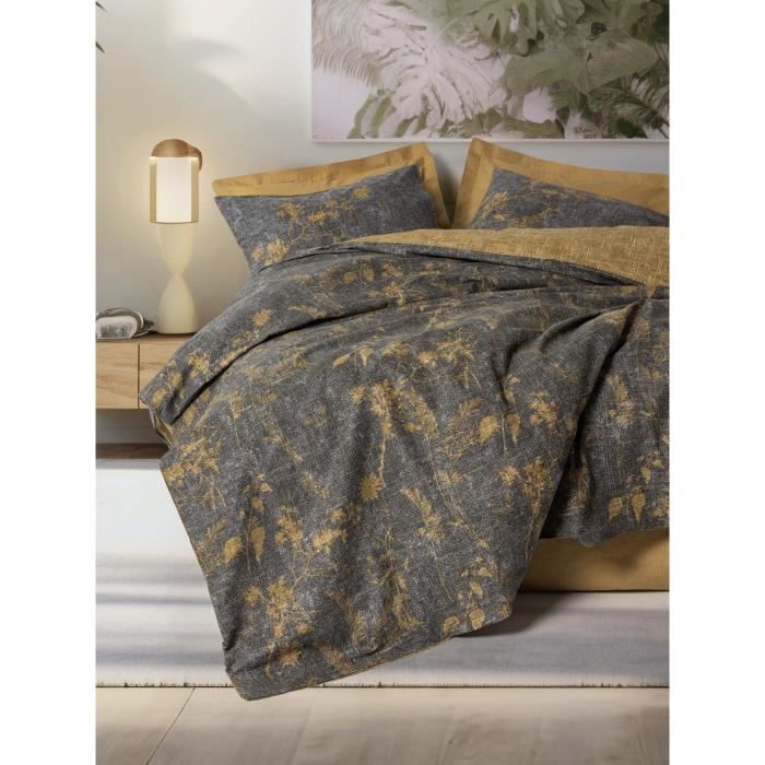 Parure de lit - 1 housse de couette 220 x 240 cm + 2 taies d'oreiller 60 x 60 cm - 100% coton renforcé - Moutarde