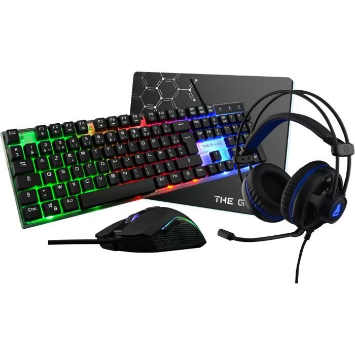 THE G-LAB COMBO GALLIUM Gaming - Clavier FR Rétroéclairé Performance + Souris Revetement Soft-Touch + Casque Rétroéclairé + Tapis