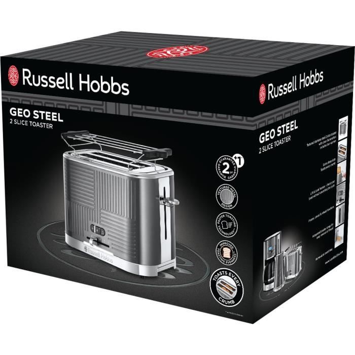 Russell Hobbs 25250-56 Toaster Grille-Pain Geo Steel, 4 Fonctions, Température Ajustable, Réchauffe Viennoiseries, Pince