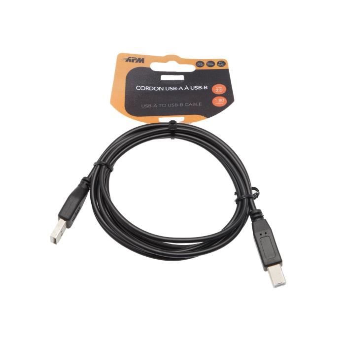 APM Cordon USB 2.0 USB-A/USB-B - Mâle/Mâle - Noir - 1,8m - Clip