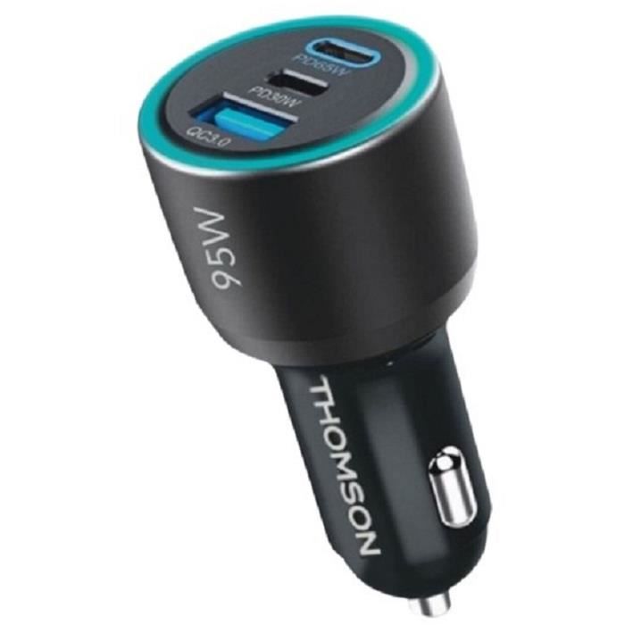 Chargeur voiture - THOMSON - 95 W - Technologie gan nouvelle génération totale - 2 USB-C - PD 65 W + PD 30 W - USB-A - QC 3.0