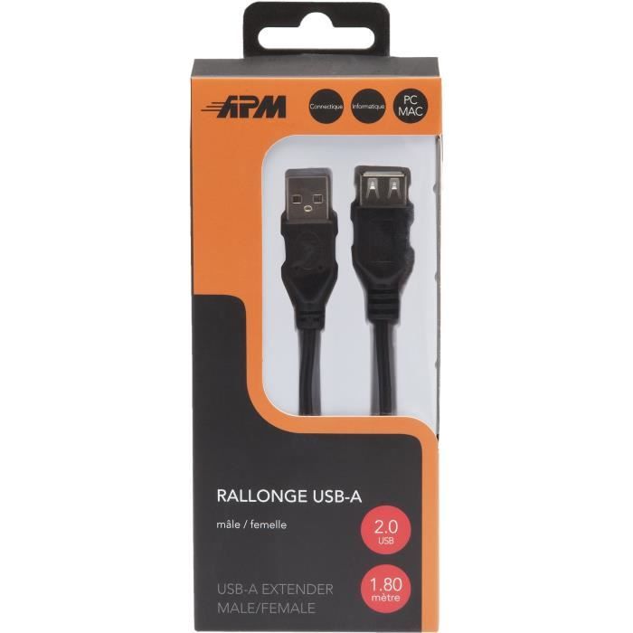 APM Rallonge USB 2.0 USB-A/USB-A - Mâle/Femelle - Noir - 1,8m