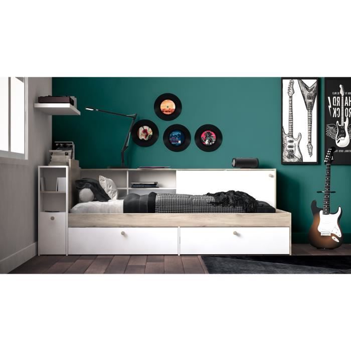 Image secondaire de Lit enfant LIFE 90x190/200 avec rangements - Chêne et blanc - DEMEYERE