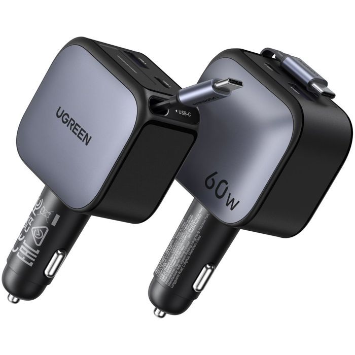 Image secondaire de Chargeur Voiture UGREEN 60W USB-A et USB-C Rétractable Noir