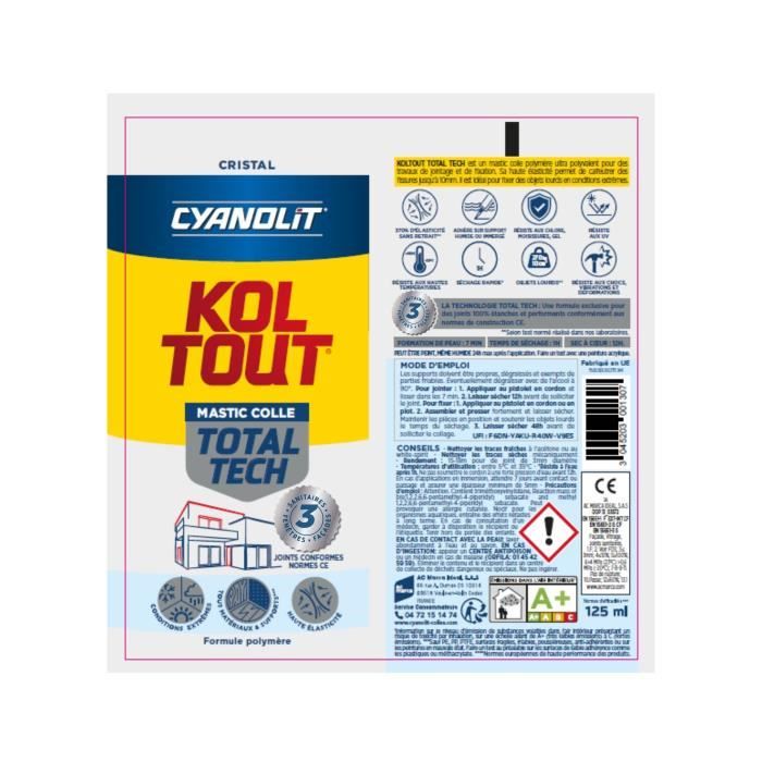 Image secondaire de Colle de fixation et d'étanchéité - CYANOLIT - Total tech - Cristal - Tube 125 ml - Transparent - Polyvalente et flexible