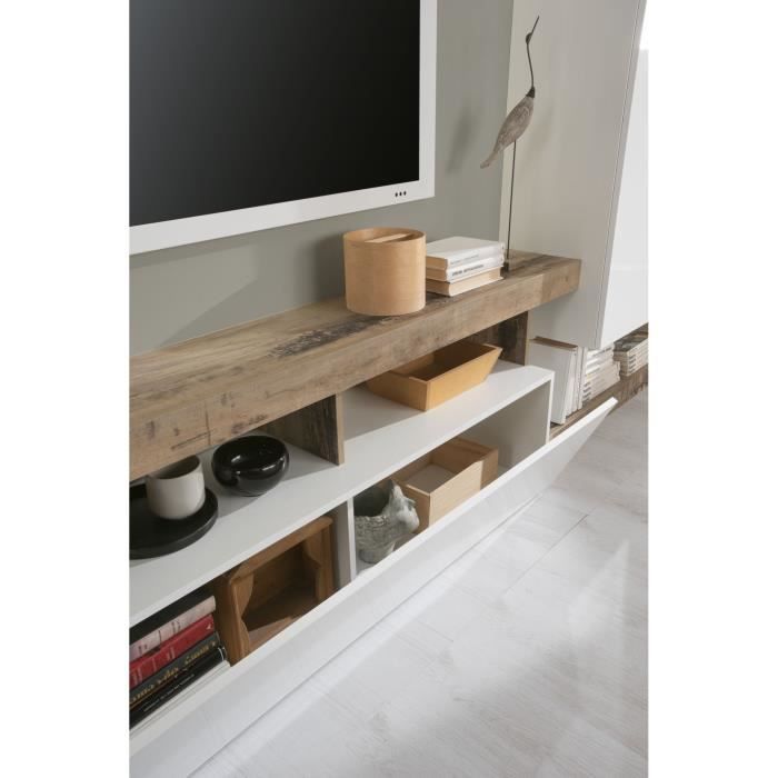 Meuble TV mural - Finition Laqué & Effet bois Vintage - L 219xP35xH173 cm - MAESTRO