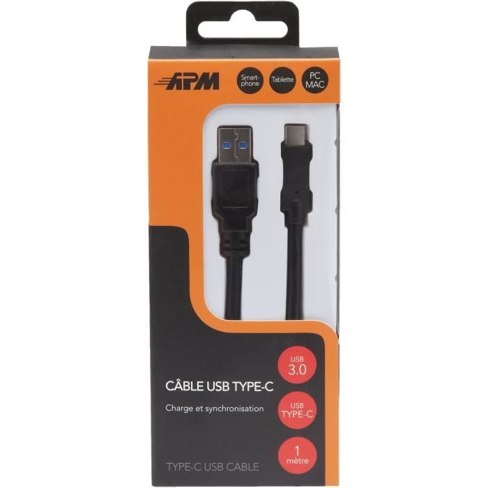 APM Cordon USB 3.0 USB-A/Type-C - Mâle/Mâle - Noir - 1m