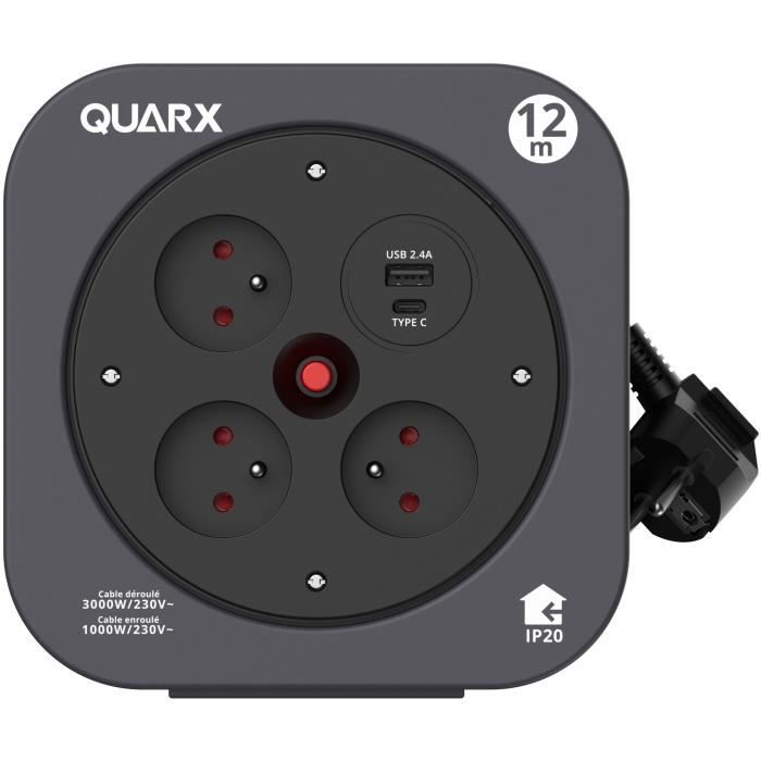 Carrete - QUARX - S-Box - 12m, 3 tomas de 16A, USB Tipo A y C