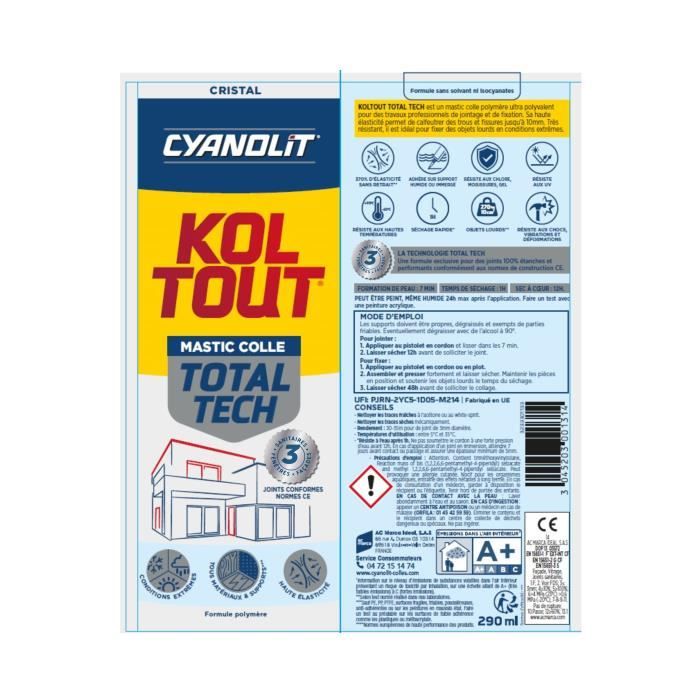 Image secondaire de Colle de fixation et d'étanchéité - CYANOLIT - Total tech - Cristal - Cartouche 290 ml - Transparent - Multi-matériaux et flexib