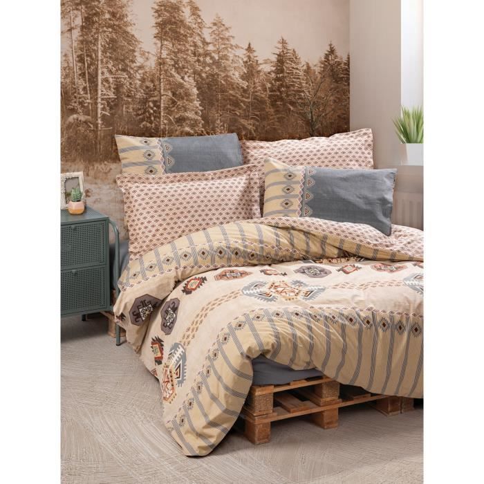 Parure de lit - 1 housse de couette 220 x 240 cm + 2 taies d'oreiller 60 x 60 cm - 100% coton renforcé - Beige