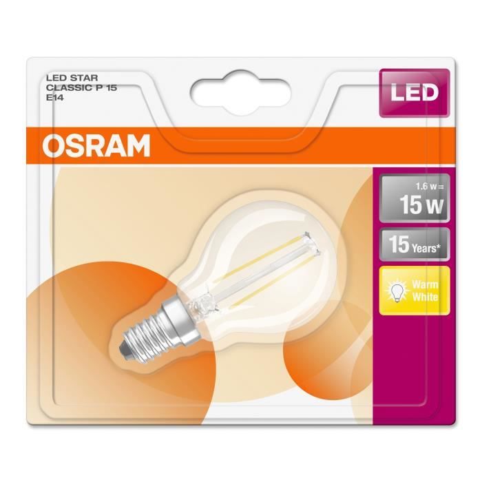 OSRAM Ampoule LED E14 sphérique claire 1,2 W équivalent a 15 W blanc chaud