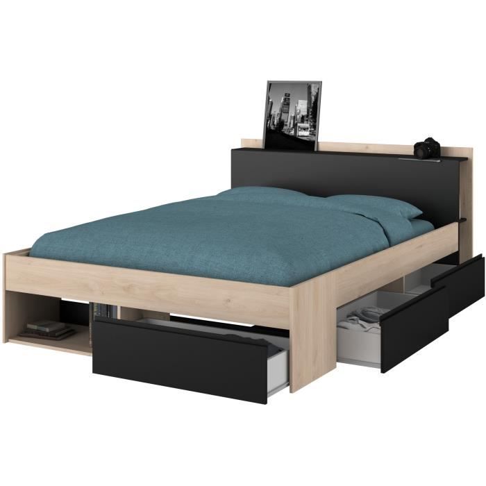 Lit adulte COMBO 140x190/200 cm avec 3 tiroirs - Chêne et noir