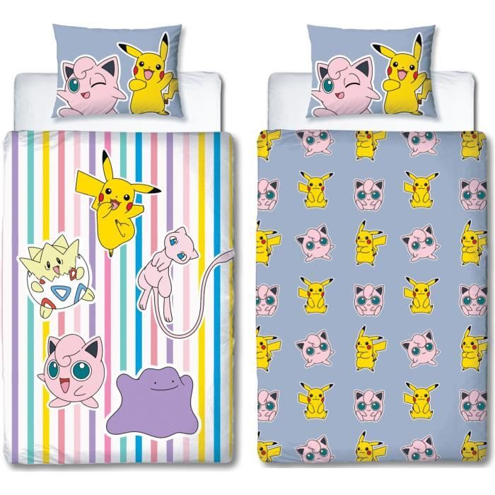 Parure de lit réversible - POKEMON - Pikachu, Mew, Togepi, Jigglypuff & Métamorph - Microfibre - 140 x 200 cm + 1 taie 63 x 63 c