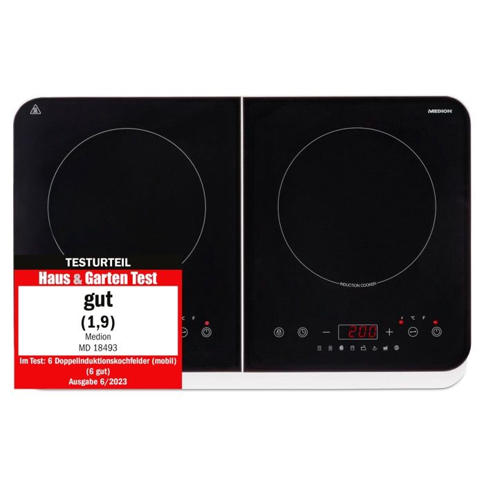 Plaque Induction Posable - MEDION MD18493 - 2 Foyers - 3500W - 60/240°C - 8 Programmes - L 59 x P 36 x H 6 cm - Blanc/Noir